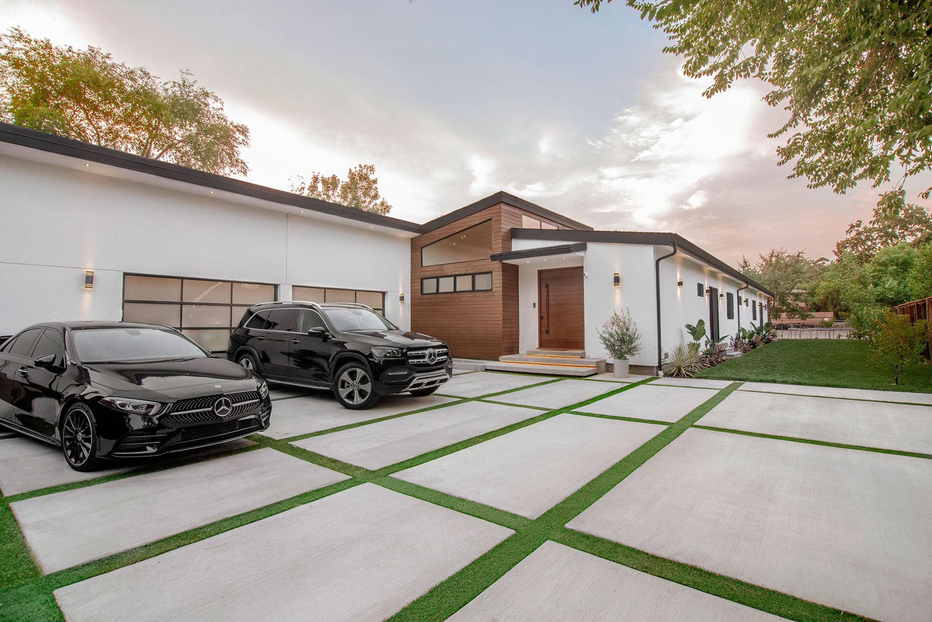 Contemporary home exterior with modern driveway