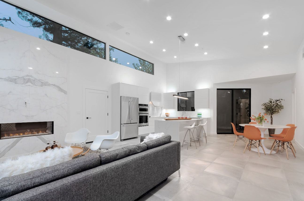 Bright open-plan living room with clerestory windows